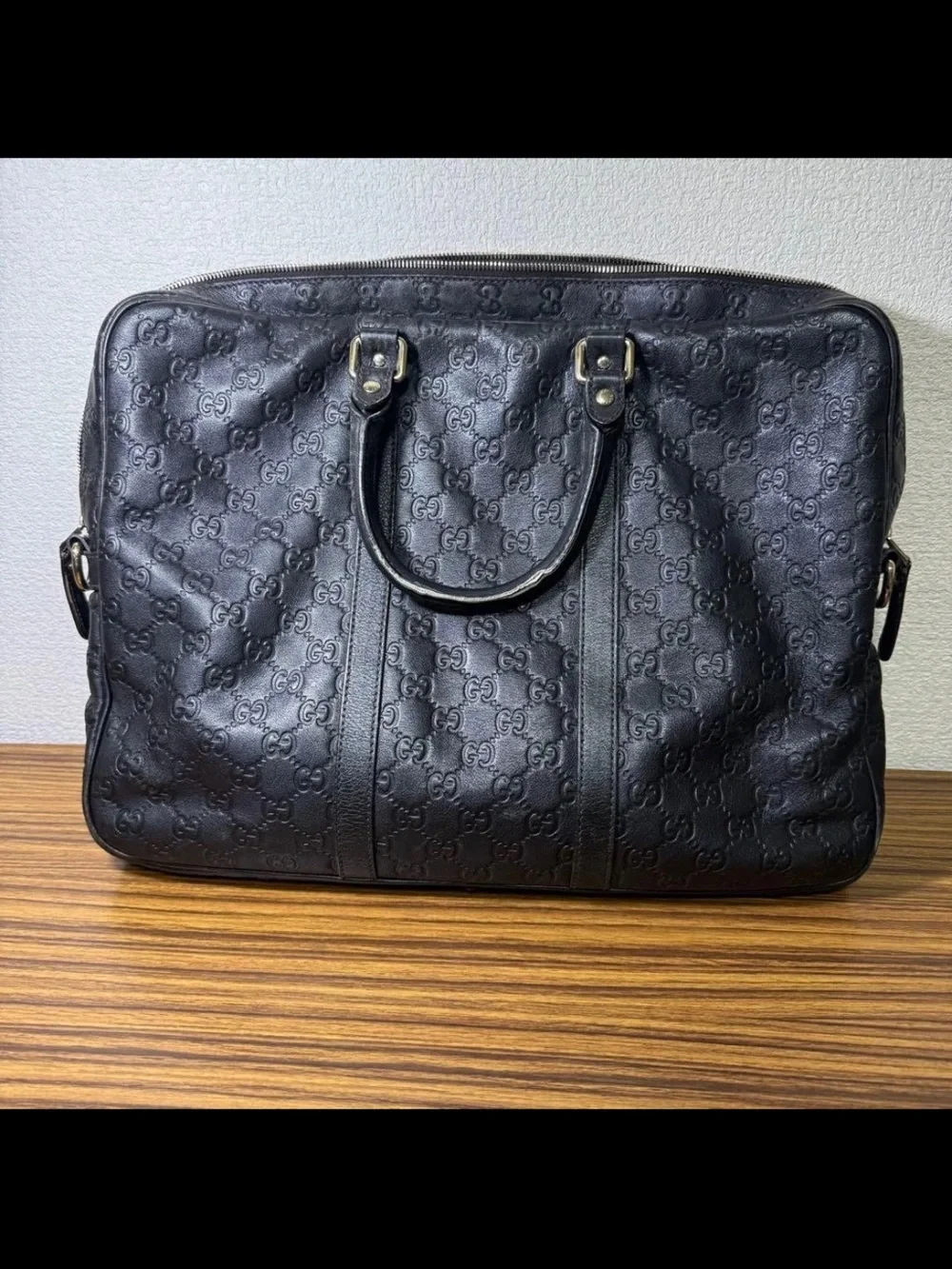 Gucci Black Embossed GG Leather Briefcase with Top Handles